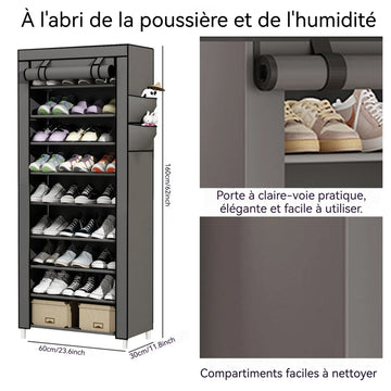 Étagère à chaussures en tissu 60x30x160cm 10 niveaux avec housse protection meuble chaussure en tissu range-chaussures en tissu